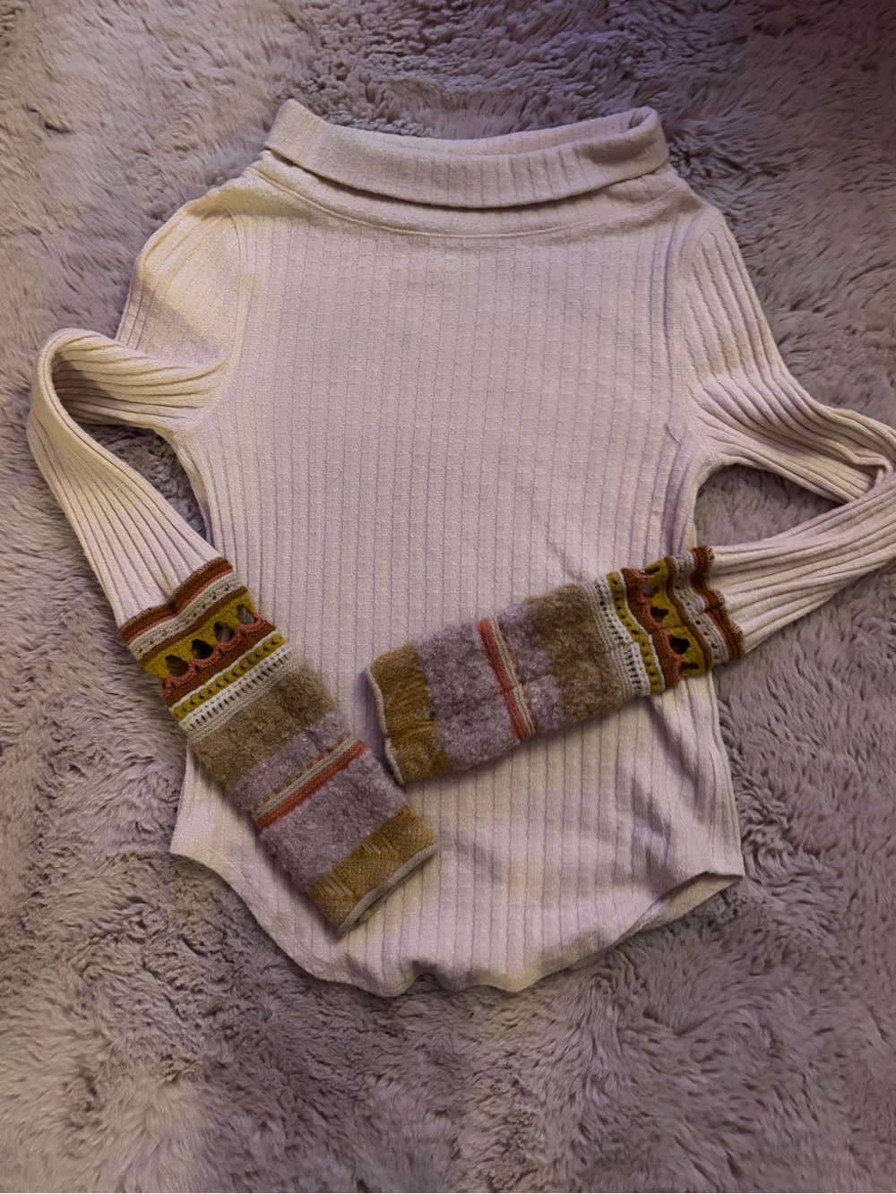 Free People Cream Ribbed Cowl Neck Sweater with Patterned Cuffs